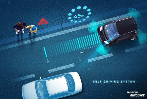 보행자가 도로에 진입하는 것을 파악하고 차량 스스로 대응하는 모습