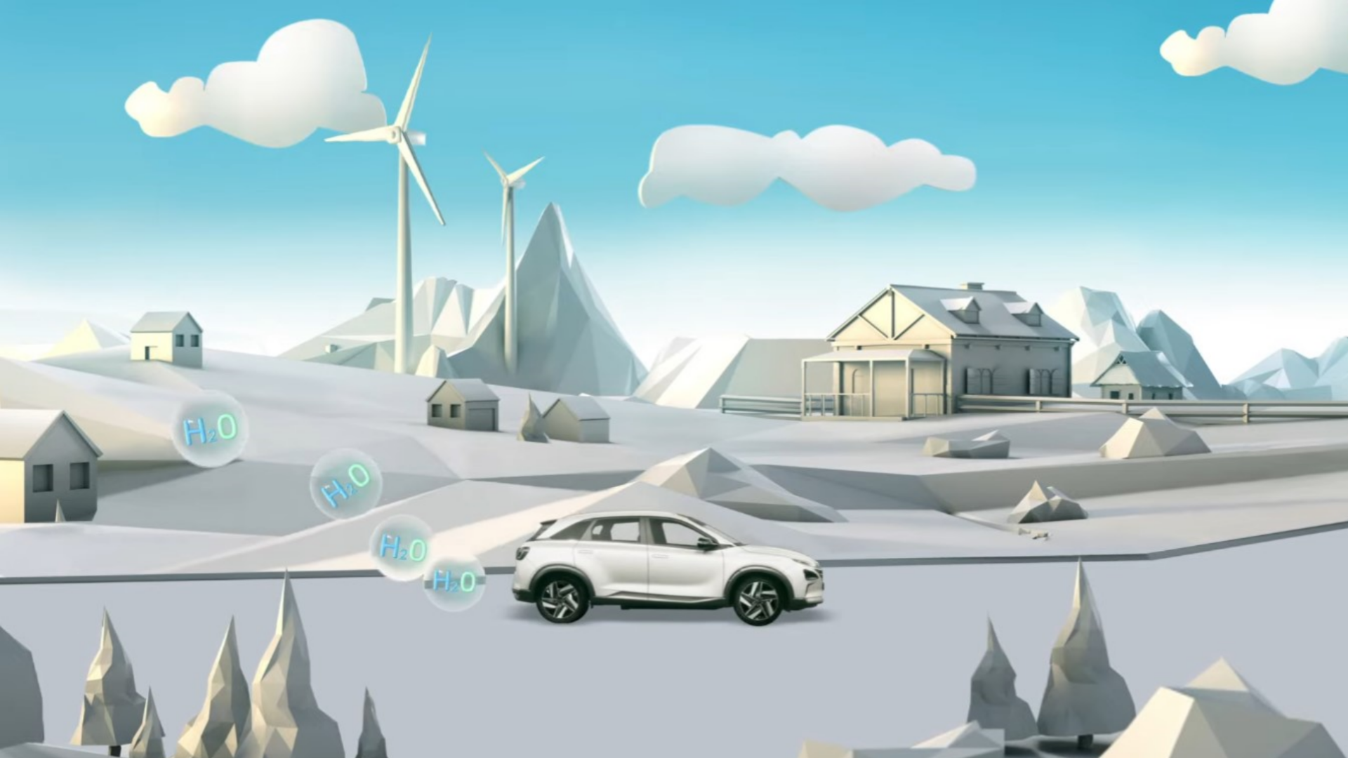 풍력발전소가 돌아가는 풍경과 물을 배출하며 주행하는 자동차 일러스트
