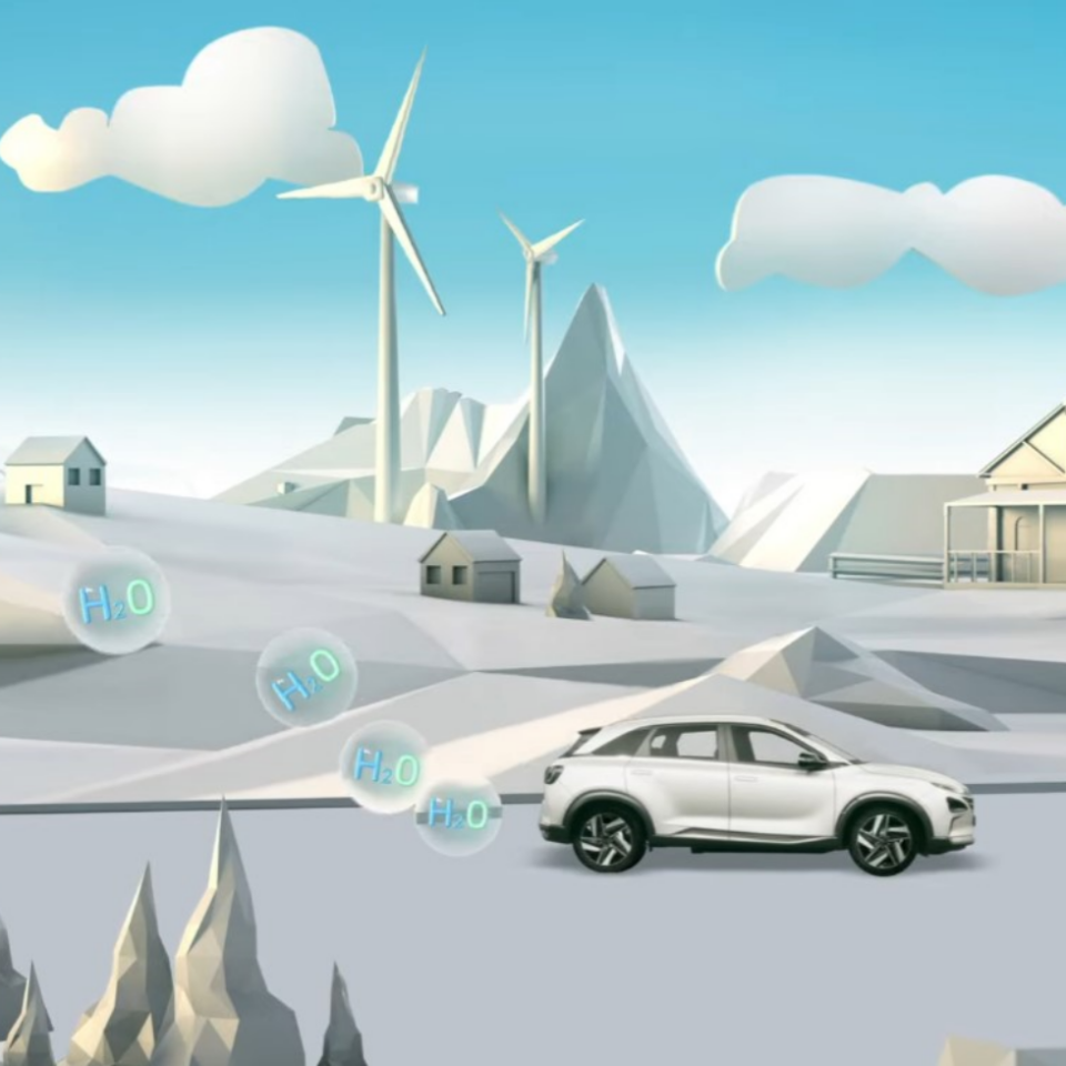 풍력발전소가 돌아가는 풍경과 물을 배출하며 주행하는 자동차 일러스트
