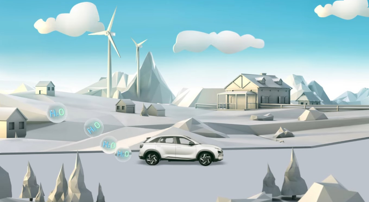 풍력발전소가 돌아가는 풍경과 물을 배출하며 주행하는 자동차 일러스트