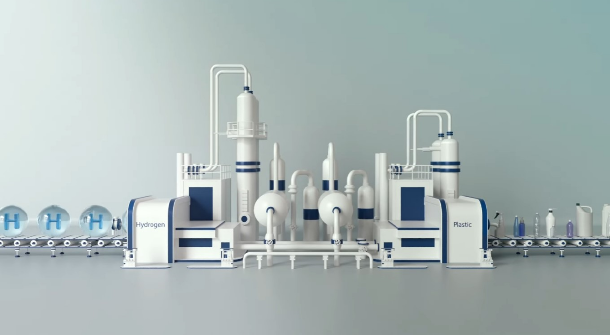 기계에 들어간 폐플라스틱이 수소로 바뀌는 일러스트