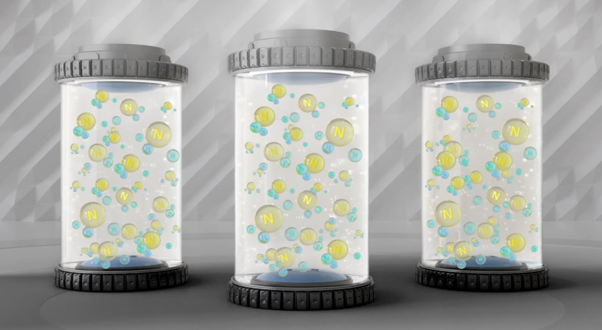 암모니아와 물 분자로 가득한 통 3개가 있는 일러스트