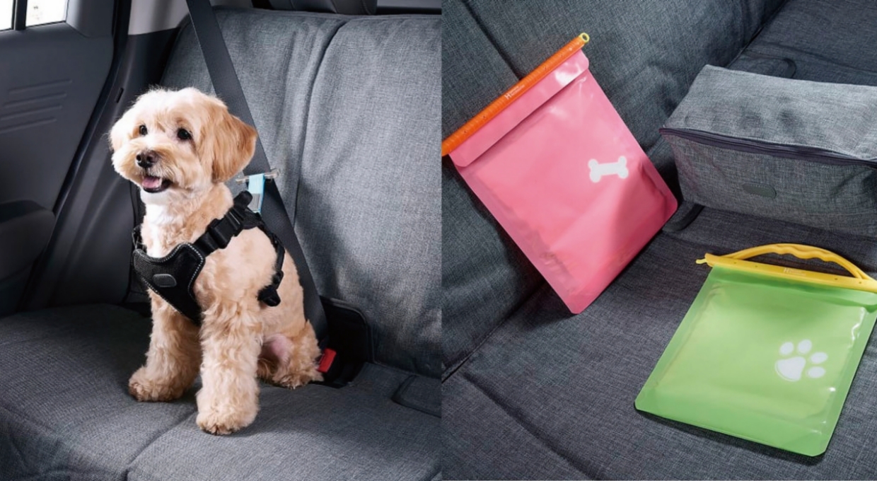 하네스를 착용한 강아지가 자동차 시트에 앉아 있는 모습의 왼쪽 사진, 분홍색과 초록색의 멀티 파우치가 놓인 오른쪽 사진