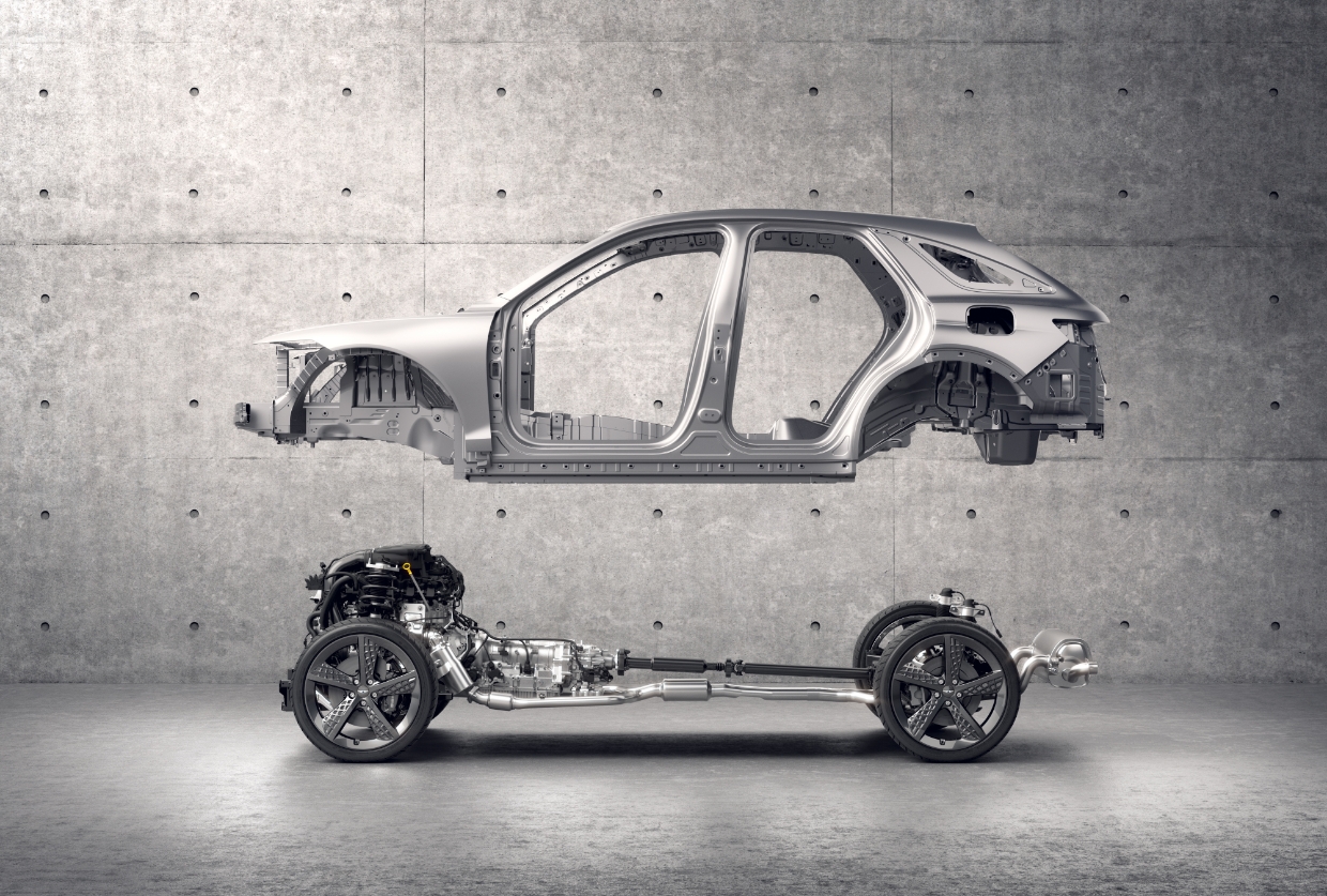 섀시와 파워트레인이 분리된 제네시스 GV70 측면 차체