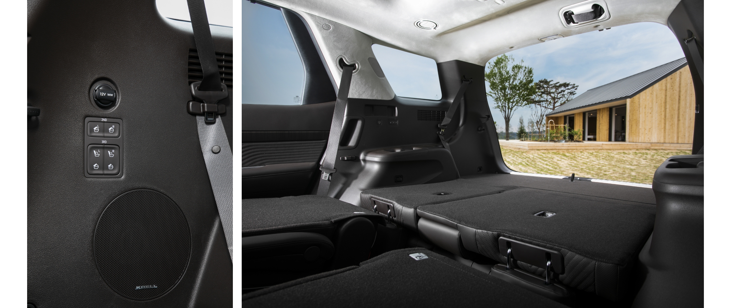 더 뉴 팰리세이드의 트렁크에 있는 3열 조작 버튼과 뒷좌석을 모두 접은 모습