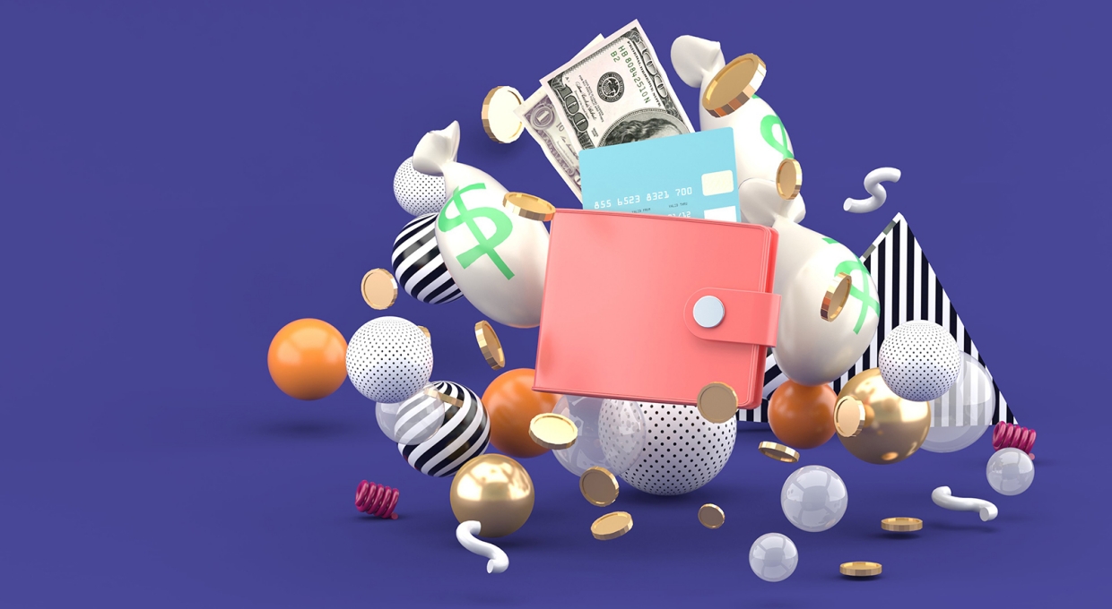 지갑과 동전, 카드, 화폐, 구슬 등이 모여있는 일러스트