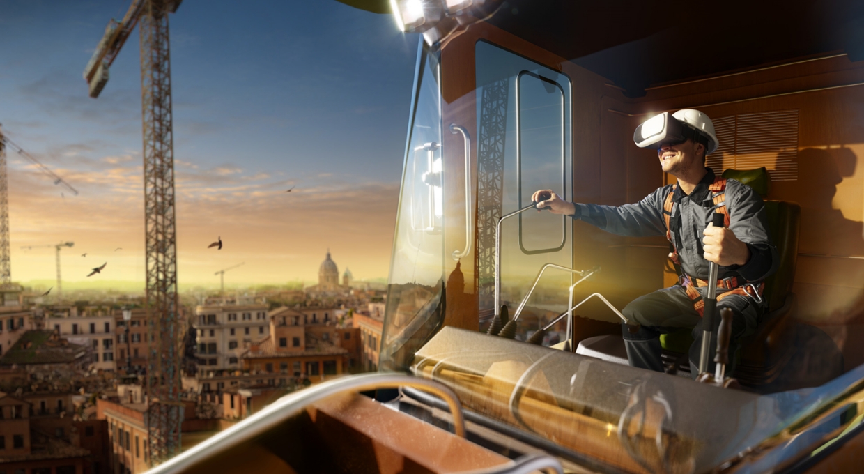 VR 기기를 착용한 남자가 모빌리티 조작하는 모습