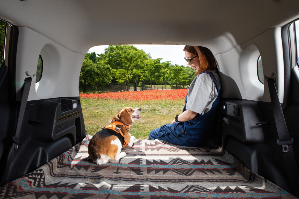 사람과 반려견이 트렁크에 함께 앉아 있는 모습