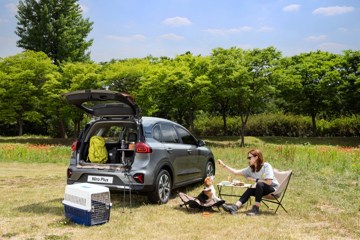 니로 플러스와 옆에서 사람과 반려견이 피크닉을 즐기는 모습