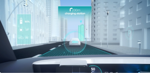 미래 전기차에 적용될 풀 헤드업 디스플레이를 보여주는 이미지의 모습