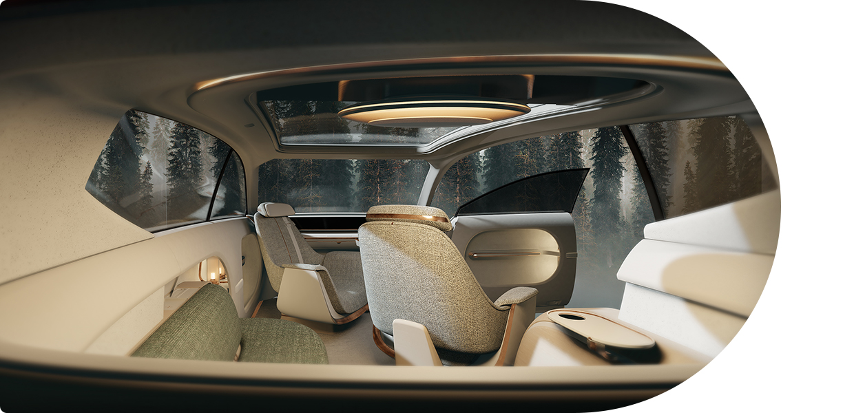 스위블링 라운지 체어와 벤치 시트가 배치된 현대차 세븐의 실내 모습