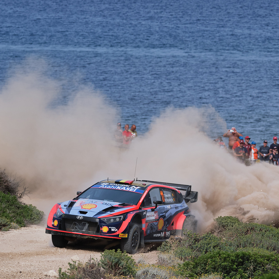 Hyundai i20 N WRC Rally 1 driving in the Mediterranean view