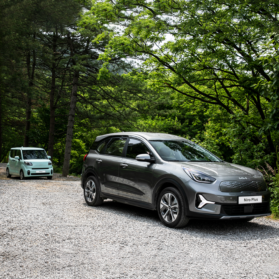 Front side view of single-seater Niro Plus and Ray standing side by side in the forest at the campsite