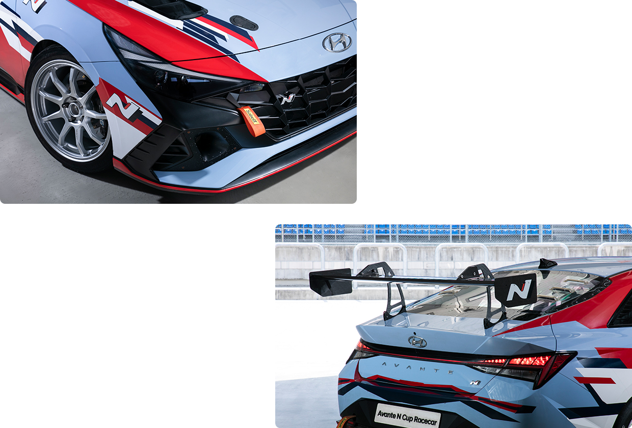 Front bumper shape and rear spoiler of the Avante N One Make race car