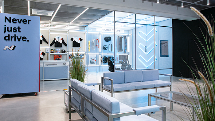 Interior view of N Lounge, various items on display