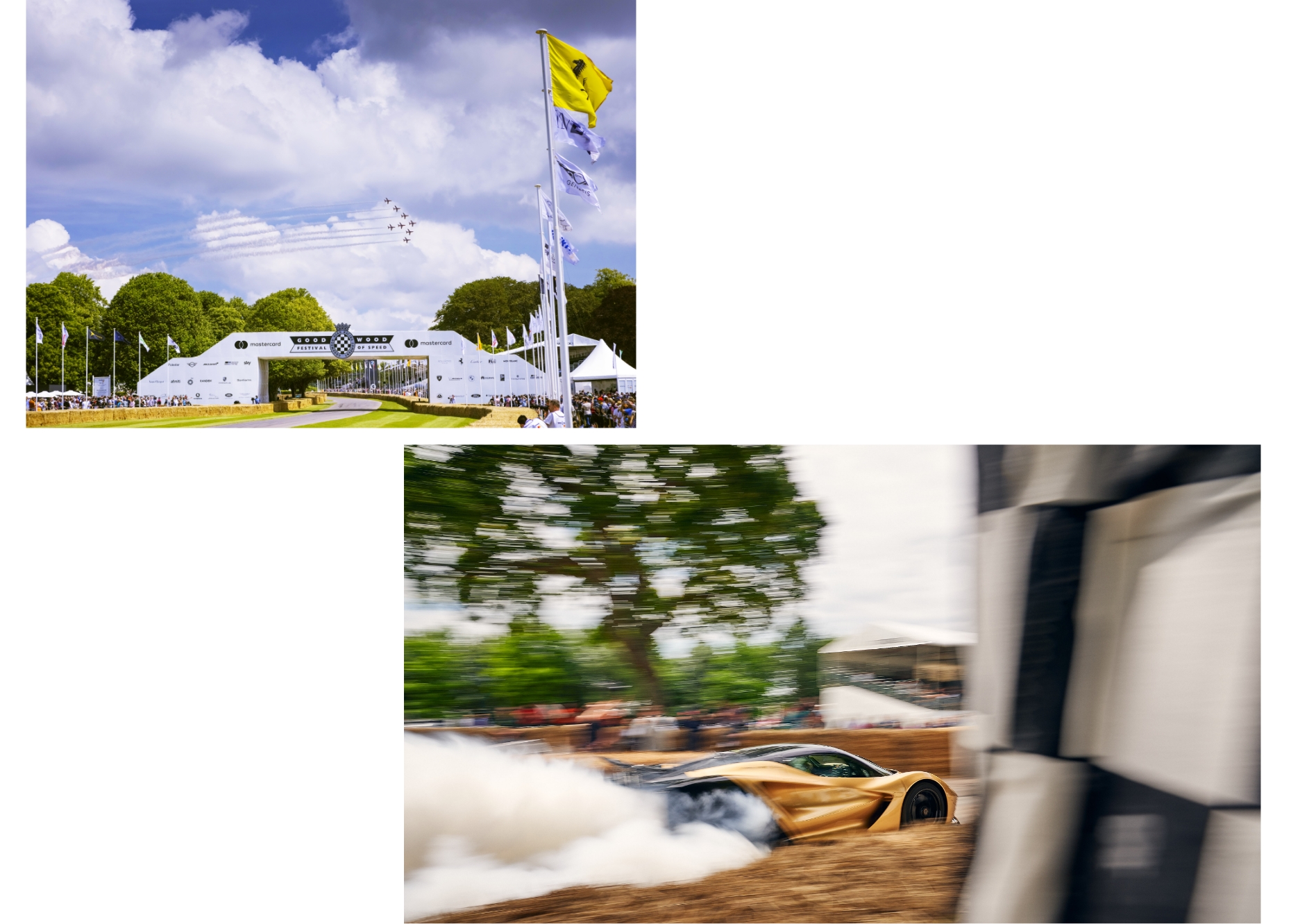 굿우드 페스티벌을 기념하는 편대 비행 및 하이퍼카의 주행 모습