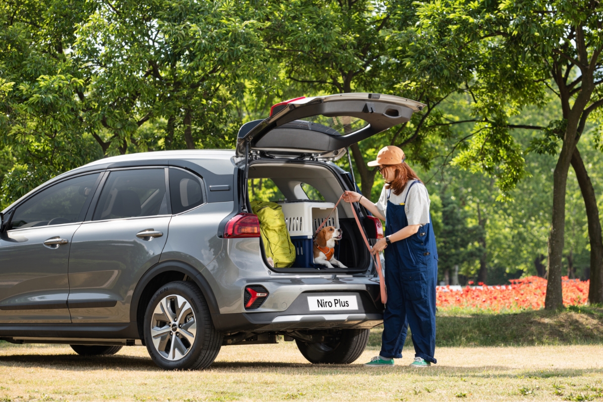 A person and a dog face each other in front of the Niro Plus trunk