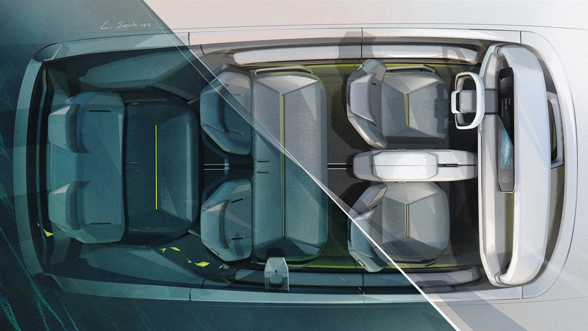 Interior rendering of the Kia EV9 viewed from above