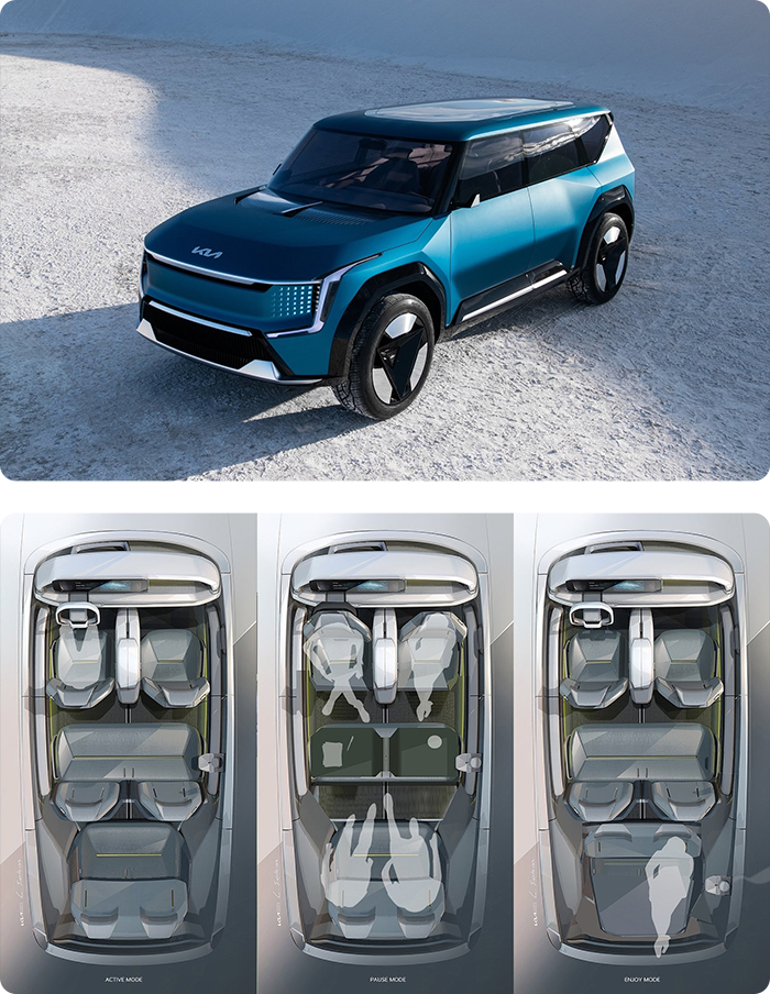Three exterior and seat layouts of the Kia EV9