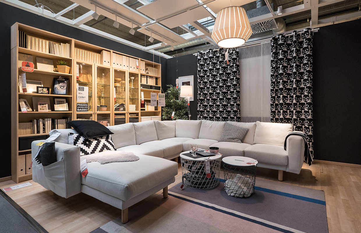 Interior view of furniture showroom with sofa