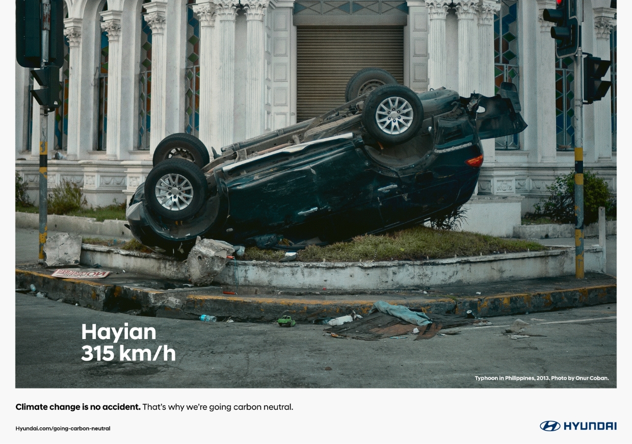 An SUV overturned by Typhoon Haiyan that hit the Philippines in 2013