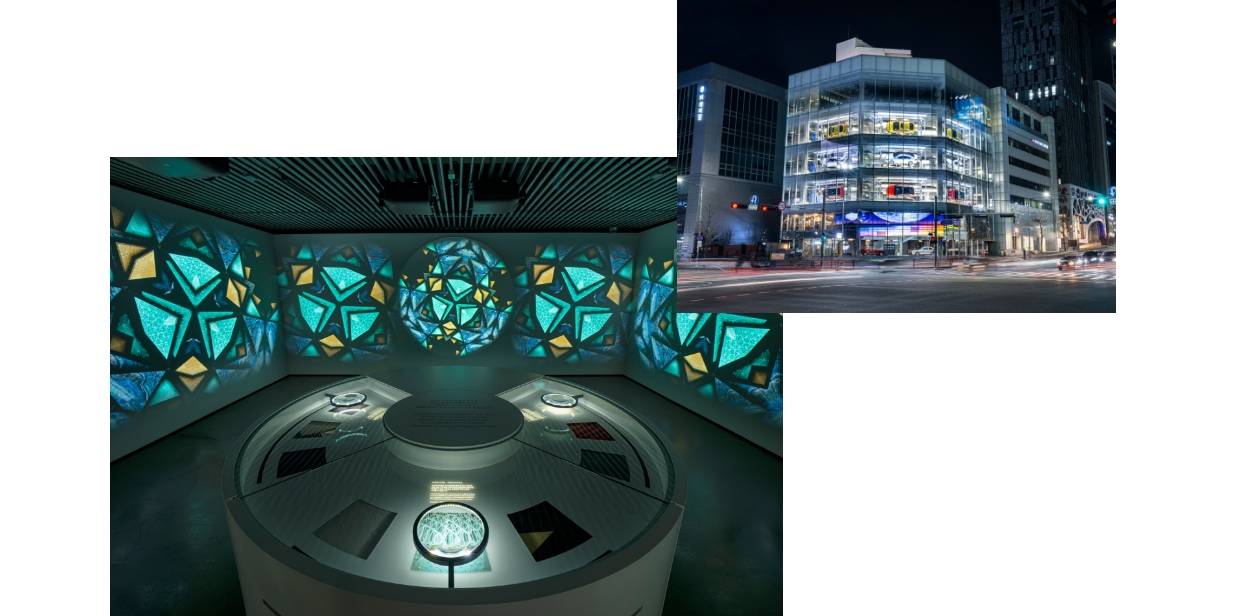 현대 모터스튜디오 서울의 외관과 내부 전시 모습