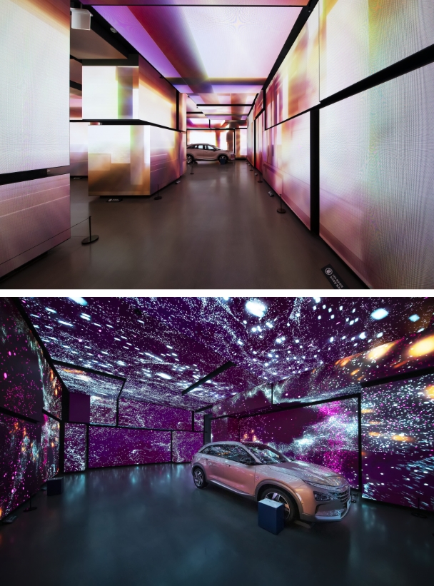 지속 가능한 미래를 위한 친환경 모빌리티라는 주제를 가진 현대 모터스튜디오 하남의 내부 모습