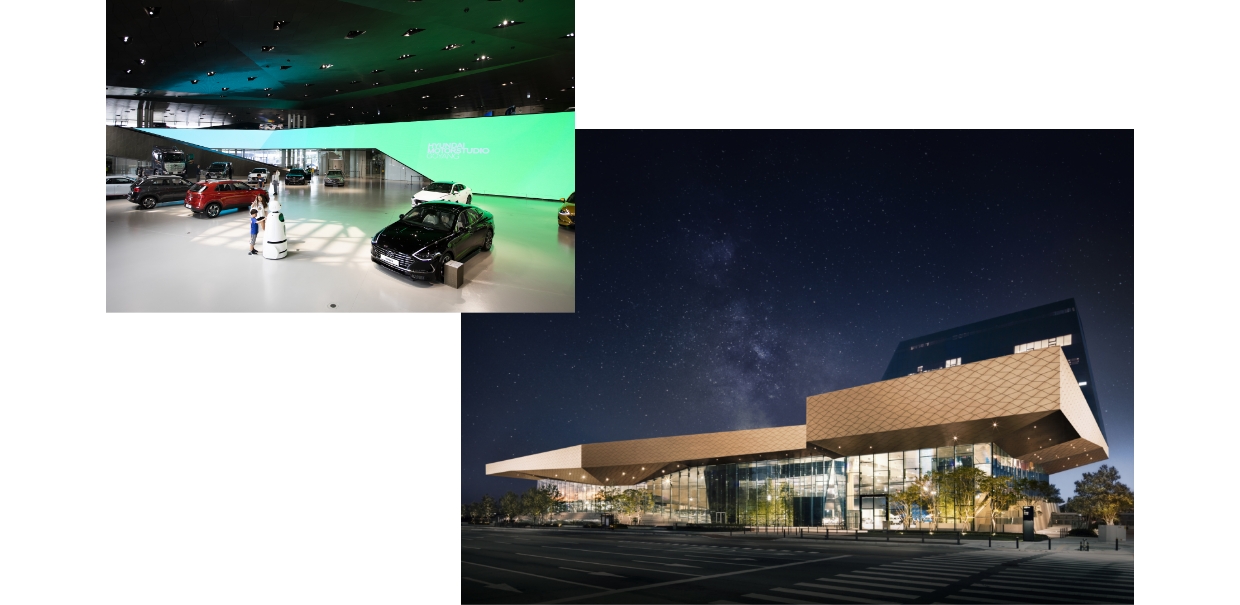 현대 모터스튜디오 고양의 외부와 실내 모습