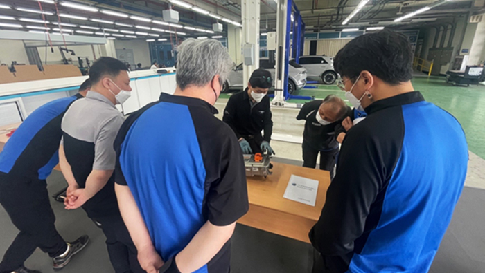 Blue Hands employees in Jeju area undergoing specialized electric vehicle maintenance training