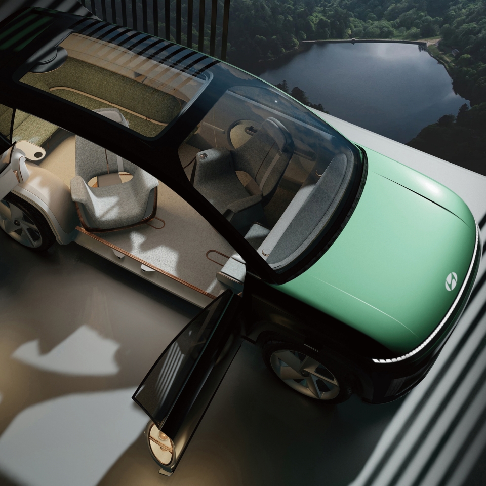 열린 도어 너머로 실내가 보이는 콘셉트카 세븐