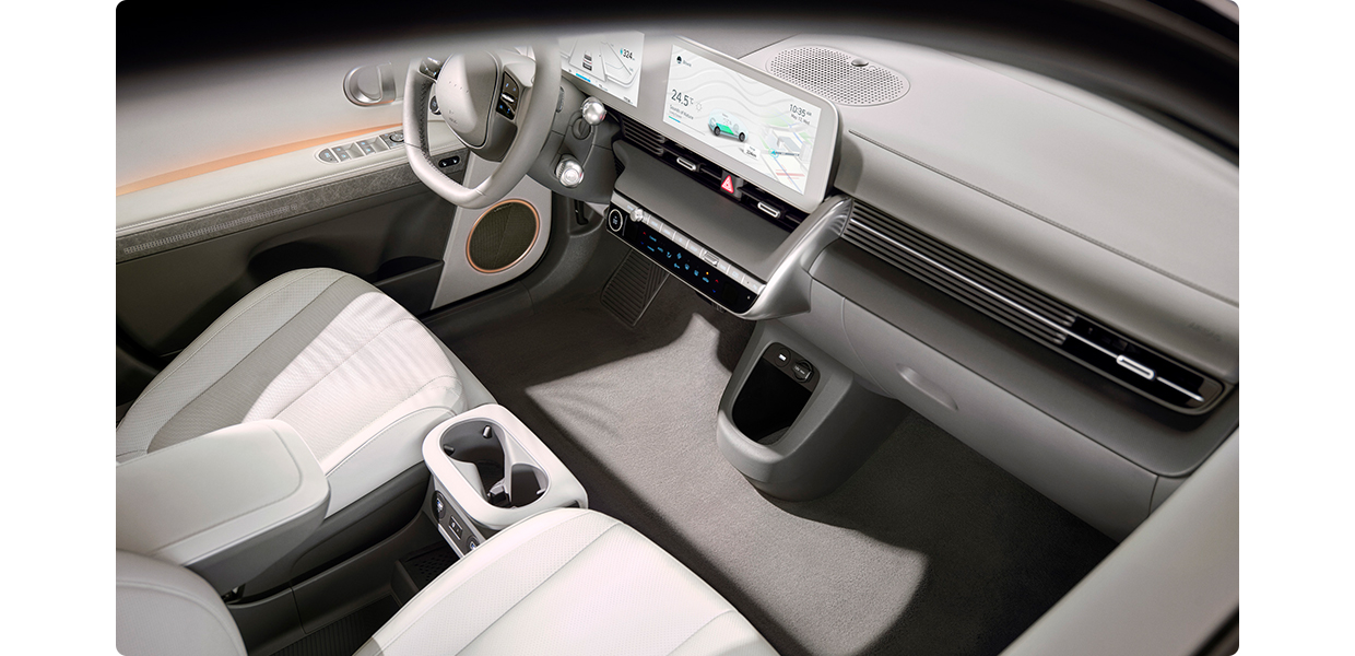The interior of Hyundai Ioniq 5 seen through the passenger window