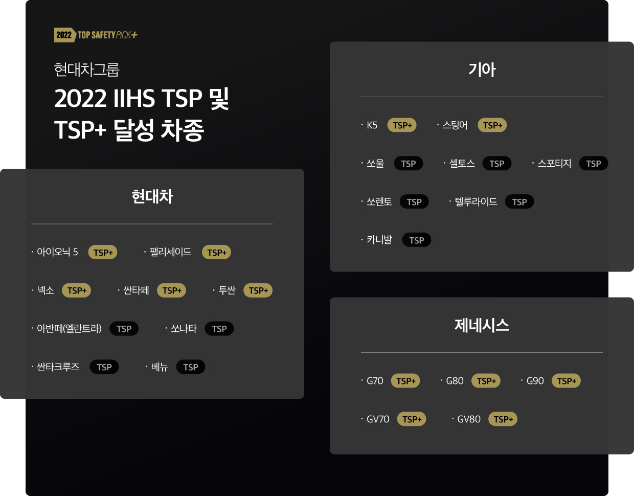 현대차그룹 2022 IIHS TSP 및 TSP+ 달성 차종