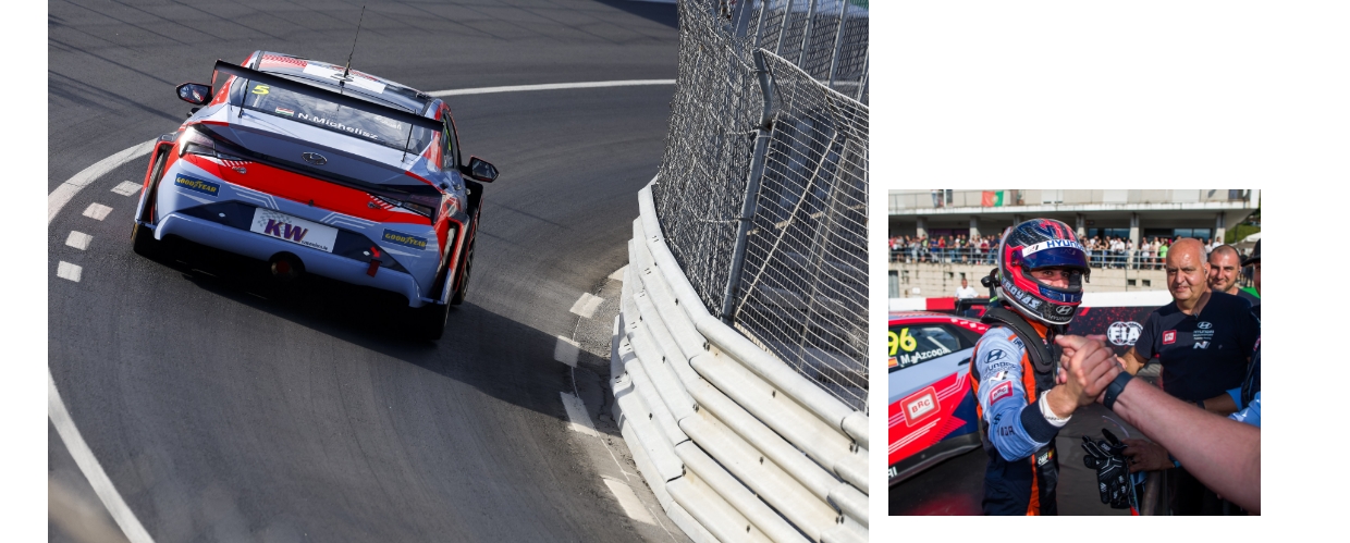 트랙을 달리고 있는 엘란트라 N TCR의 리어 뷰, 미켈 아즈코나가 팀 관계자와 손을 맞잡고 있다