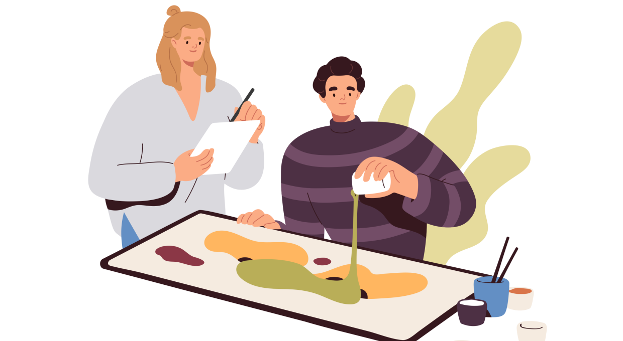 그림을 그리는 남자와 그 모습을 지켜보는 여자 일러스트