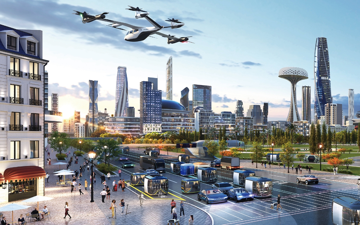 여러 모빌리티들이 산재한 미래 메가시티의 모습