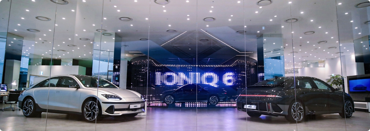 Three IONIQ 6s on display in IONIQ 6 Seoul