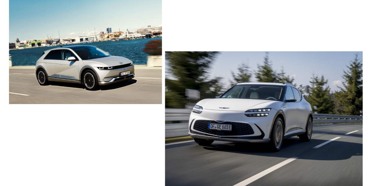 탁 트인 도로를 시원하게 질주 중인 현대차 아이오닉 5와 제네시스 GV60의 모습