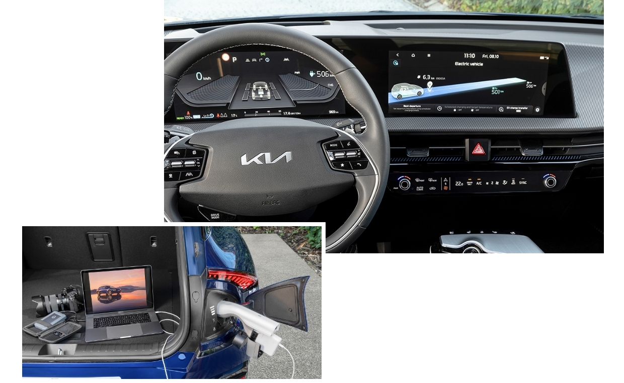 기아 EV6의 운전석과 V2L 기능을 사용 중인 모습