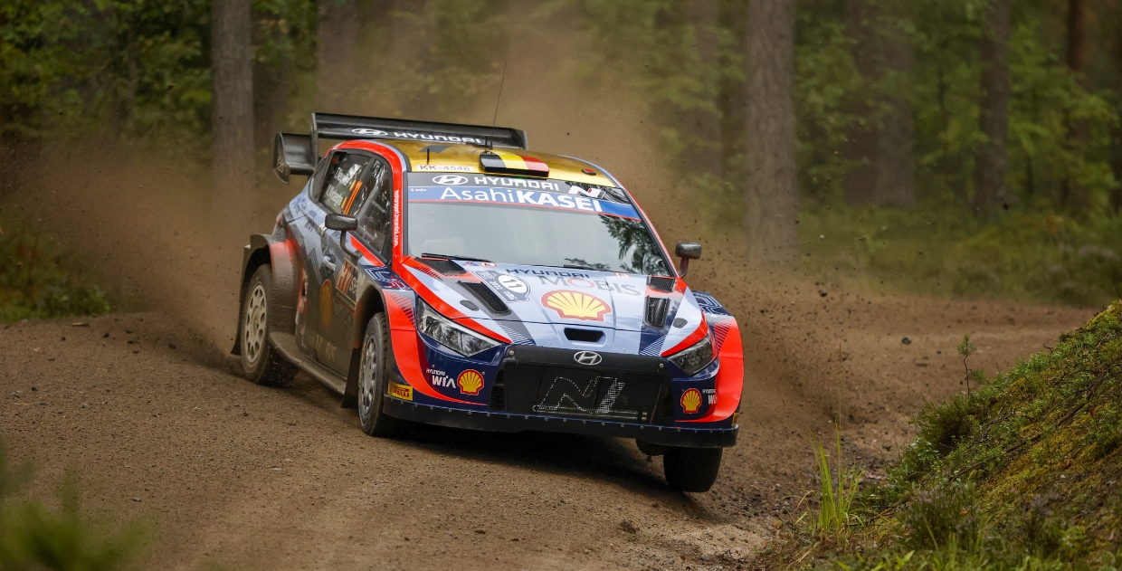 Hyundai rally car is racing along the rally course