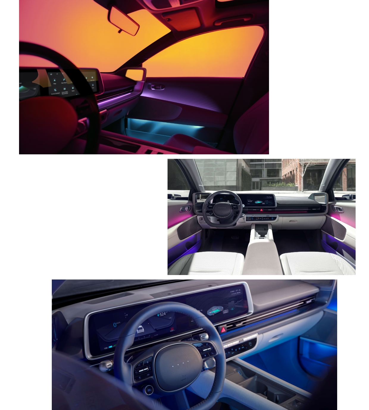 현대자동차 아이오닉 6의 실내와 듀얼 컬러 앰비언트 무드램프의 모습