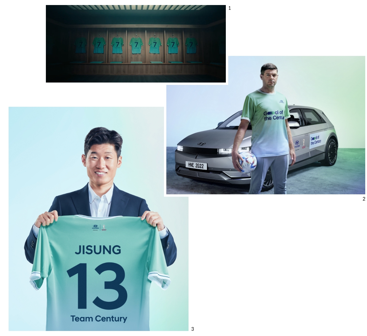A Team Century T-shirt hanging on a locker, Gerard posing in front of IONIQ 5, and Park Ji-Sung holding a Team Century T-shirt