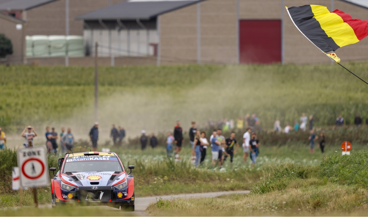 The i20 N Rally 1 in motion at Rally Belgium