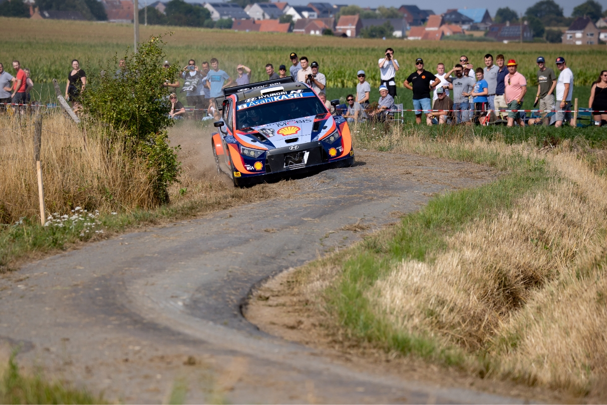 The i20 N Rally 1 in motion at Rally Belgium