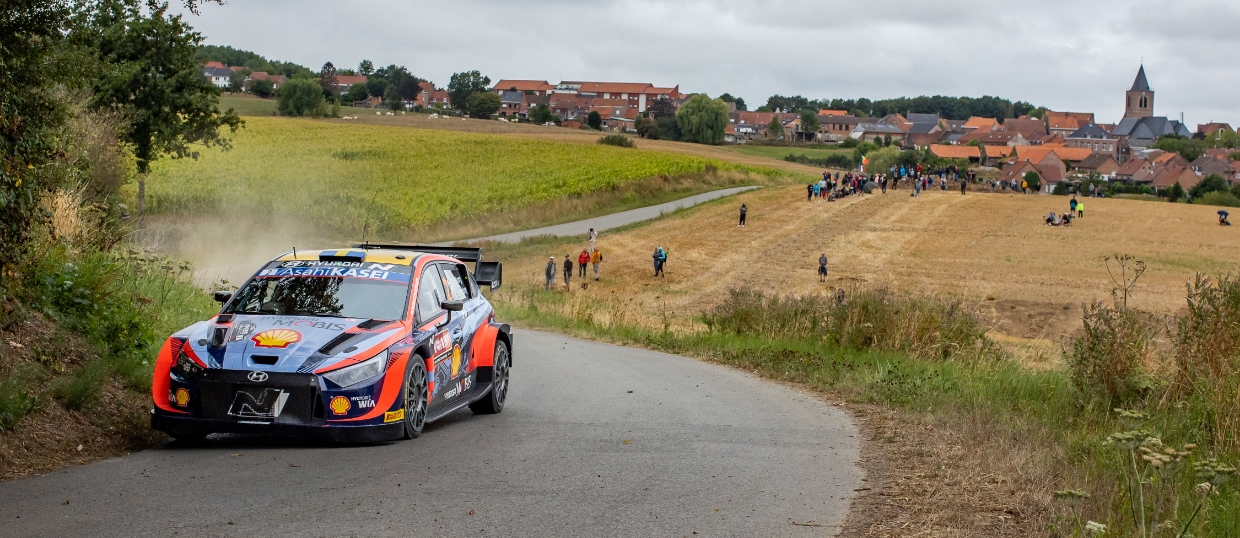 The i20 N Rally 1 in motion at Rally Belgium