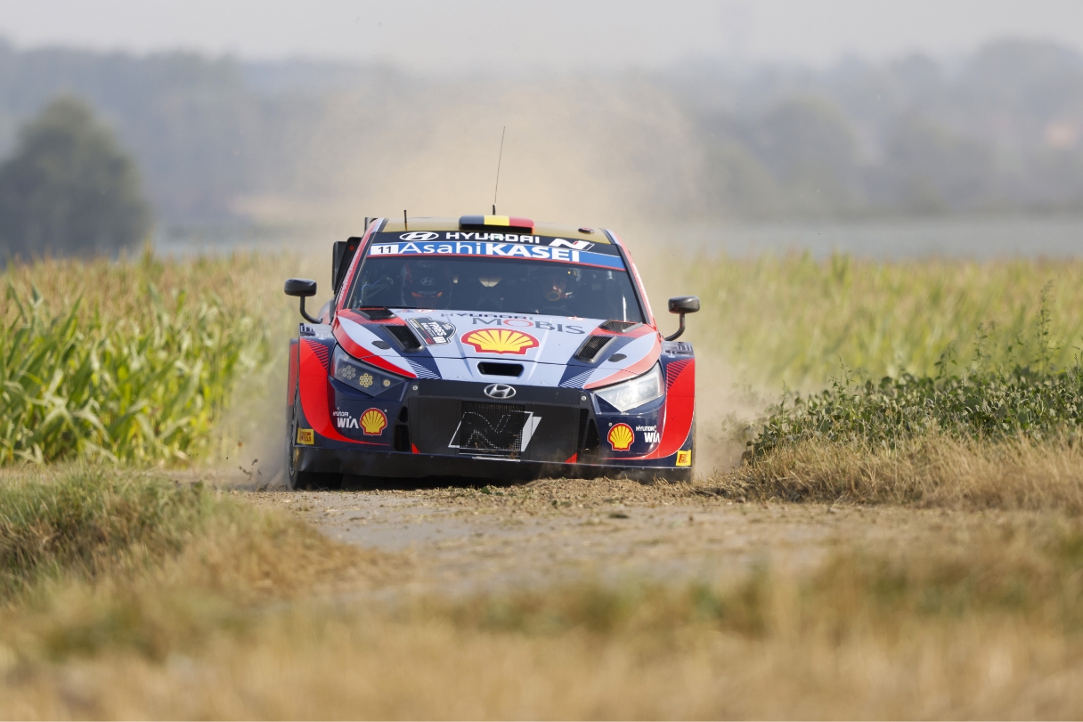 The i20 N Rally 1 in motion at Rally Belgium