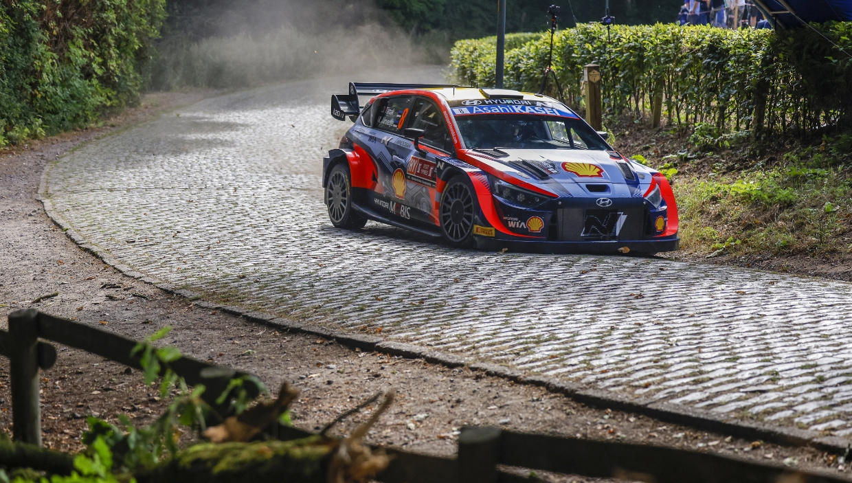 The i20 N Rally 1 in motion at Rally Belgium