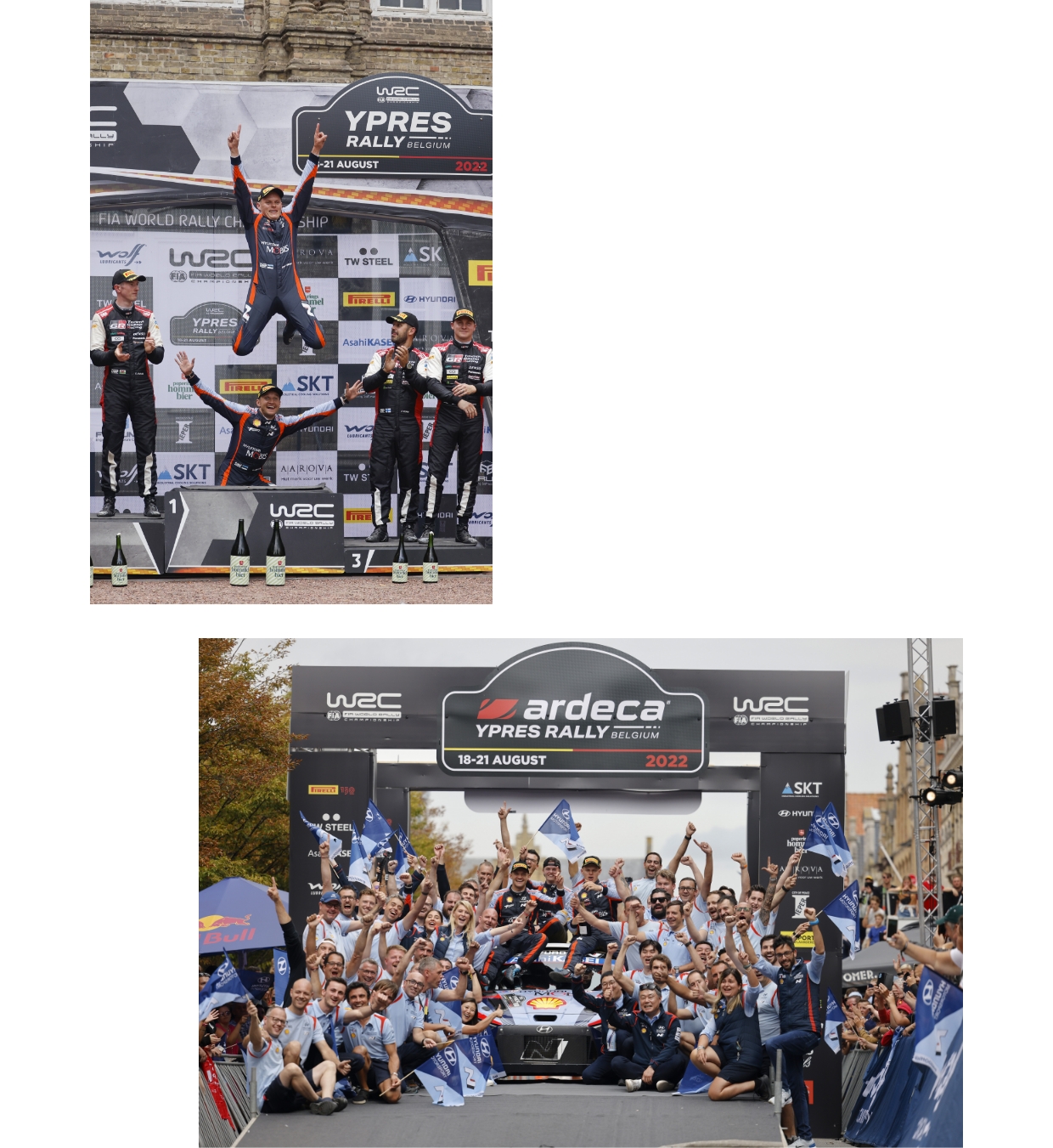 Hyundai Motorsport team members celebrating the Belgian Rally victory