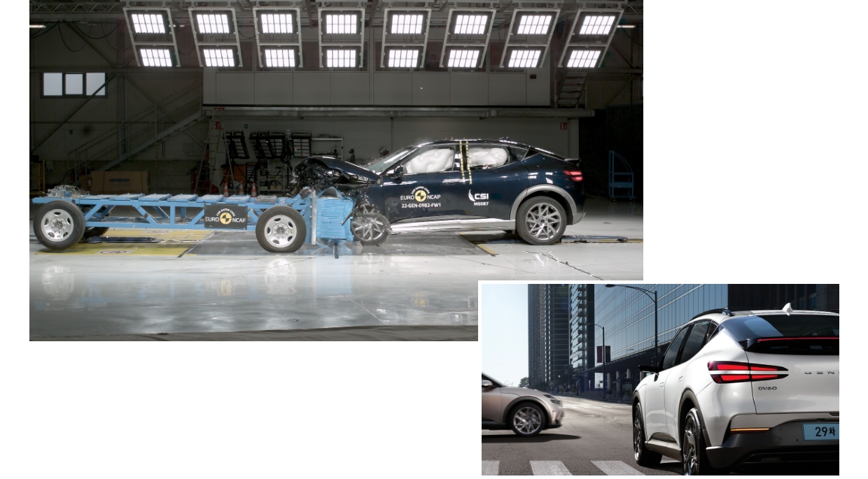 제네시스 GV60의 유로앤캡 충돌 테스트 모습과 긴급제동하는 연출 모습