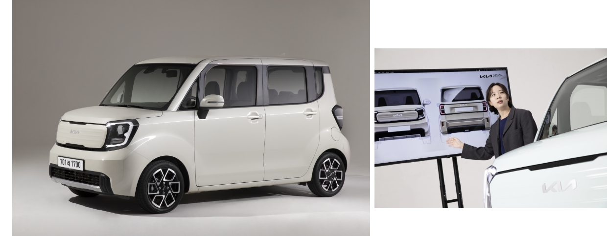 스튜디오에 전시되어 있는 더 뉴 기아 레이의 전측면 모습과 디자인을 설명 중인 디자이너의 모습