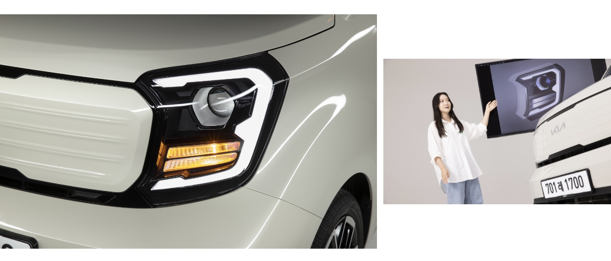 더 뉴 기아 레이의 헤드램프와 디자인을 설명 중인 디자이너의 모습